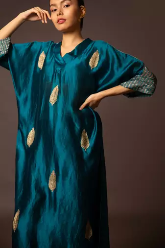 Teal kaftan kurta with pitta work