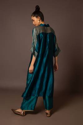 Teal kaftan kurta with pitta work 4