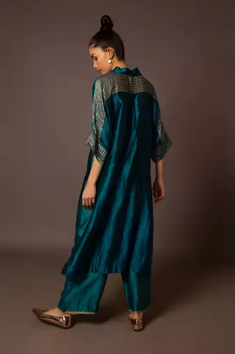 Teal kaftan kurta with pitta work