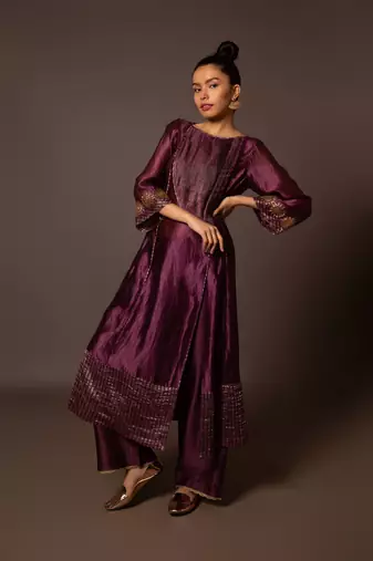 Purple dupion silk assymtreic yoke set