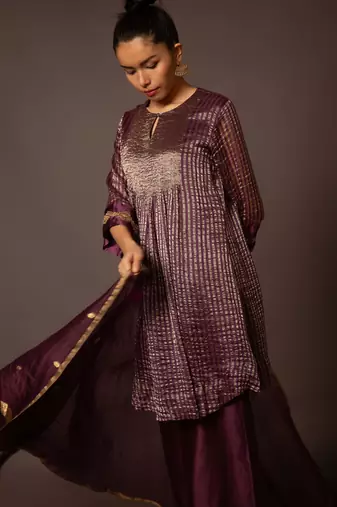 Purple zari stripe kurta set