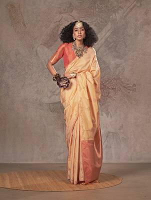 Cream two tone handloom weaving silk blend saree 1