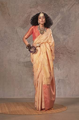 Cream two tone handloom weaving silk blend saree