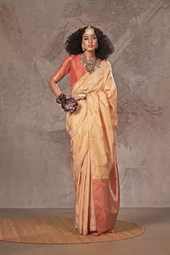 Cream two tone handloom weaving silk blend saree