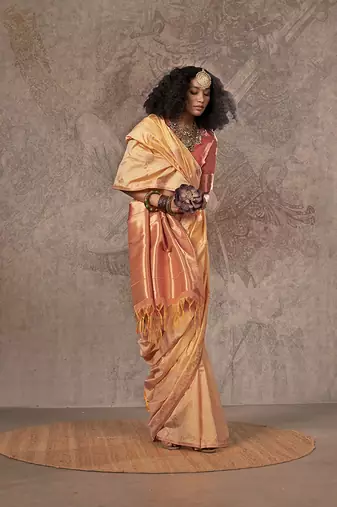 Cream two tone handloom weaving silk blend saree
