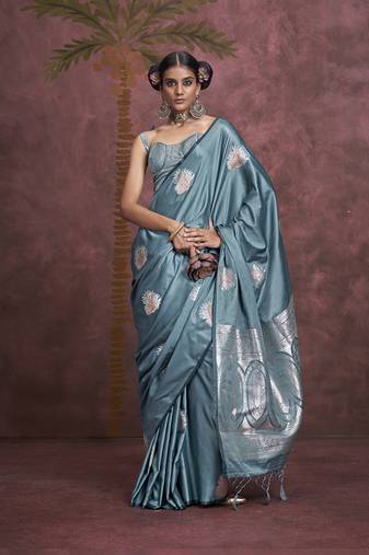 Turquoise blue banarasi jari and weaving work handloom silk blend saree