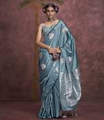 Turquoise blue banarasi jari and weaving work handloom silk blend saree