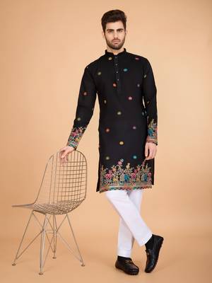 black viscose silk thread & sequins embroidered kurta 1