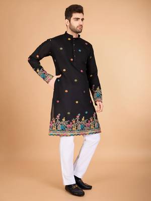 black viscose silk thread & sequins embroidered kurta 3