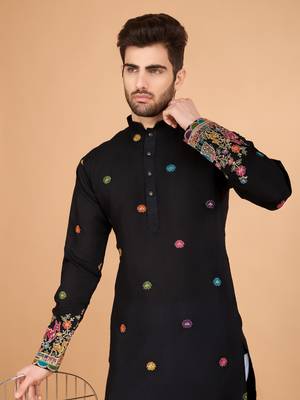 black viscose silk thread & sequins embroidered kurta 4