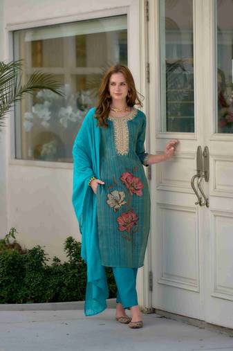 Mojilaa women's turquoise blue tissue silk embroidered straight kurta with pant & printed dupatta