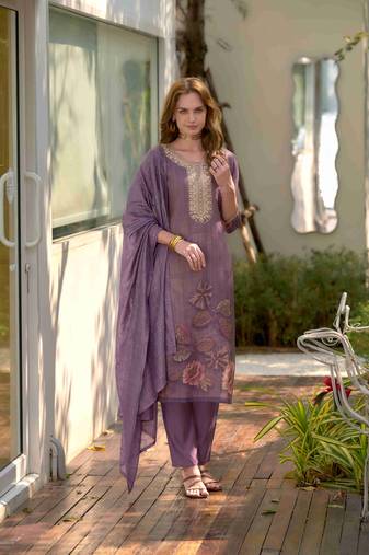  purple tissue silk embroidered straight kurta with pant & printed dupatta
