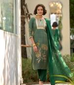Mojilaa women's green tissue silk embroidered straight kurta with pant & printed dupatta