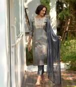 Mojilaa women's grey tissue silk embroidered straight kurta with pant & printed dupatta