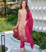 Mojilaa women's peach tissue silk embroidered straight kurta with pant & printed dupatta