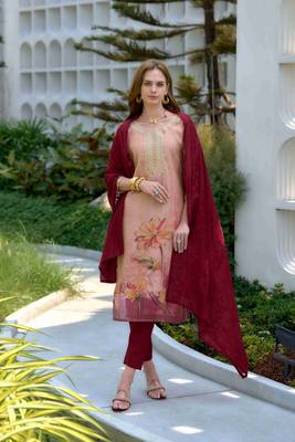 Mojilaa women's peach tissue silk embroidered straight kurta with pant & printed dupatta 1