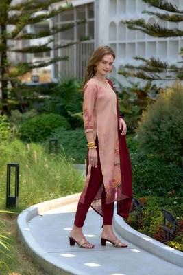 Mojilaa women's peach tissue silk embroidered straight kurta with pant & printed dupatta 3
