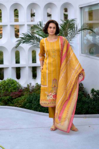  yellow silk blend geometric straight kurta with pant & printed dupatta