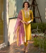  mustard viscos rayon embroidered straight kurta with pant & printed dupatta