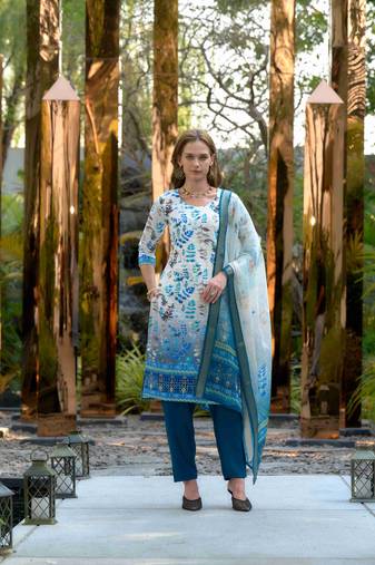  cream cotton floral & leaf straight kurta with pant & printed dupatta