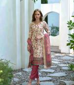  pink cotton floral & leaf straight kurta with pant & printed dupatta