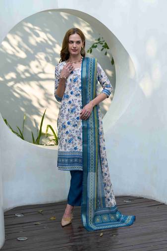  blue cotton floral & leaf straight kurta with pant & printed dupatta