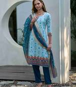  light blue cotton floral & leaf straight kurta with pant & printed dupatta