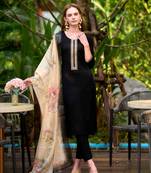 Mojilaa women's black viscos rayon embroidered straight kurta with pant & printed dupatta