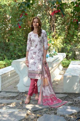  mauve cotton floral & leaf straight kurta with pant & printed dupatta