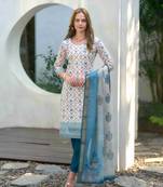  cream cotton floral & leaf straight kurta with pant & printed dupatta