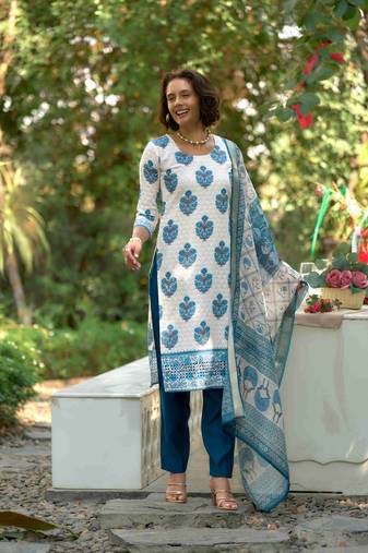  blue cotton botanical print straight kurta with pant & printed dupatta