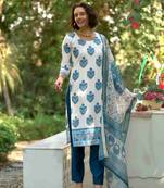  blue cotton botanical print straight kurta with pant & printed dupatta
