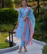 Mojilaa women's sky blue vatican silk floral & leaf straight kurta with pant & printed dupatta