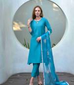 Mojilaa women's sky blue vatican silk solid straight kurta with pant & printed dupatta