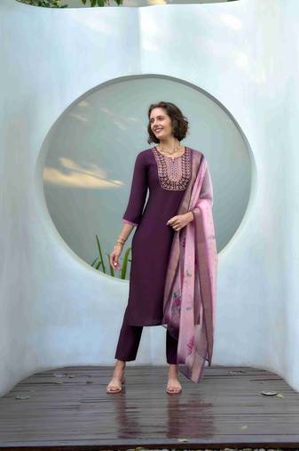  purple vatican silk embroidered straight kurta with pant & printed dupatta