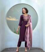  purple vatican silk embroidered straight kurta with pant & printed dupatta