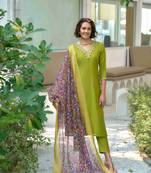  green vatican silk embroidered straight kurta with pant & printed dupatta