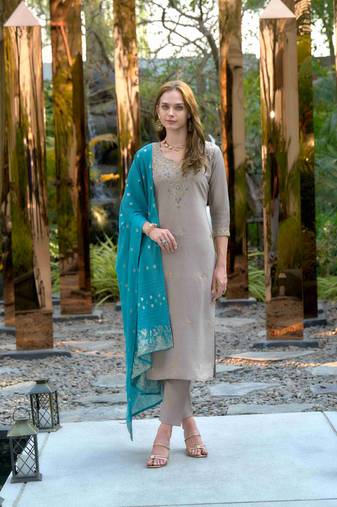 Mojilaa women's taupe vatican silk embroidered straight kurta with pant & printed dupatta