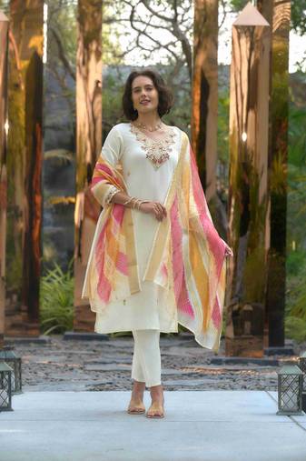 Mojilaa women's off-white vatican silk embroidered straight kurta with pant & printed dupatta