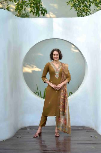 Mojilaa women's brown vatican silk embroidered straight kurta with pant & printed dupatta