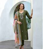 Mojilaa women's green vatican silk embroidered straight kurta with pant & printed dupatta