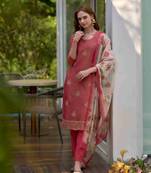 Mojilaa women's red tissue silk embroidered straight kurta with pant & printed dupatta