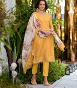Mojilaa women's yellow tissue silk embroidered straight kurta with pant & printed dupatta