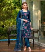  blue rayon embroidered straight kurta with pant & printed dupatta