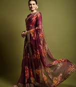 Wine georgette printed embroidered saree with blouse piece