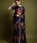 Navy blue georgette printed embroidered saree with blouse piece