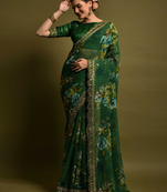 Green georgette printed embroidered saree with blouse piece