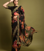 Black georgette printed embroidered saree with blouse piece