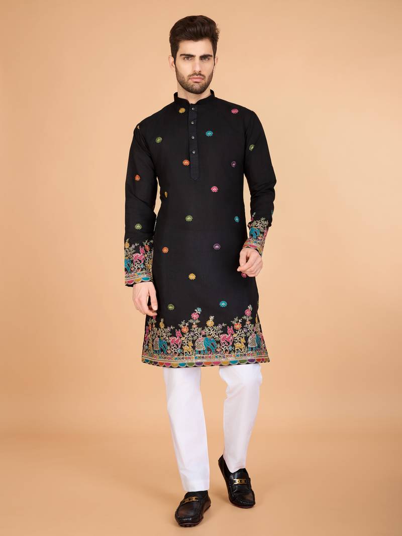 black viscose silk thread & sequins embroidered kurta