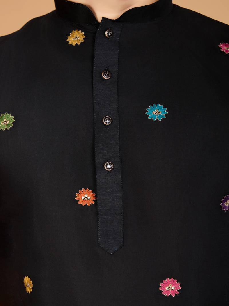 black viscose silk thread & sequins embroidered kurta